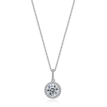 Clear CZ Round Pendant Necklace - Front view of the Clear CZ Round Pendant Necklace, showcasing the brilliant 8mm central cubic zirconia stone set in a rhodium-plated brass pendant.