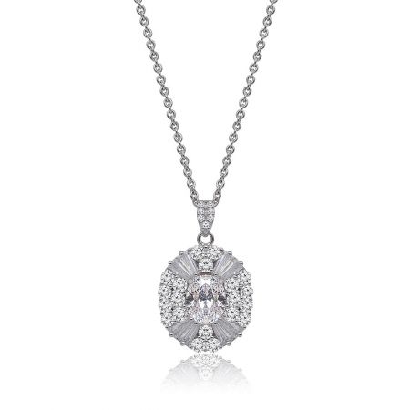 Oval CZ Statement Necklace - Close-up of the Oval CZ Statement Necklace, showcasing its rhodium-plated brass chain and a brilliant oval cubic zirconia pendant surrounded by smaller stones.