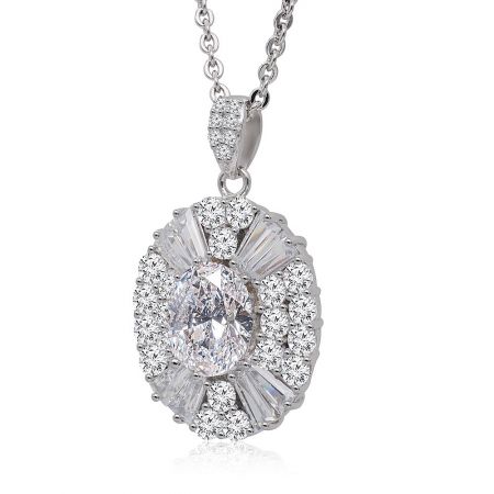 Detailed view of the oval cubic zirconia pendant, highlighting the surrounding smaller diamonds and baguette-cut stones.