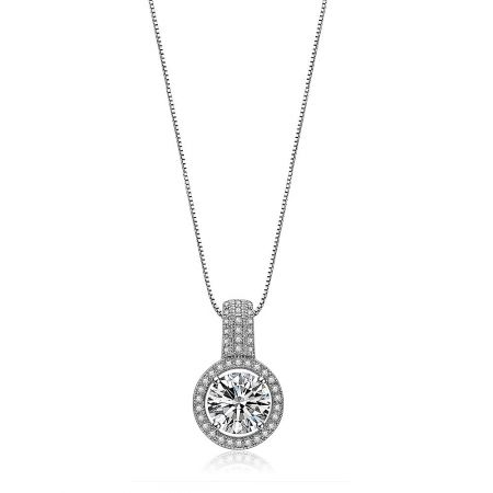 Sparkle Me Round Necklace - Close-up of the Sparkle Me Round Necklace, showcasing its rhodium-plated finish and the brilliant central cubic zirconia stone surrounded by a halo of smaller stones.