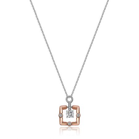 Two Tone Square Pendant Necklace - A close-up of the Two Tone Square Pendant Necklace, featuring a central Swarovski crystal set in 925 sterling silver with rhodium and rose gold plating, on a white background.