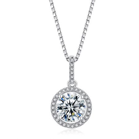 Detailed side view of the Clear CZ Round Pendant Necklace, highlighting the rhodium plating and stone setting.