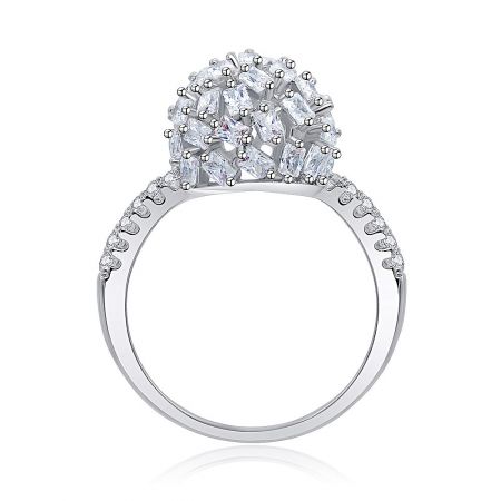 Angled top-down view of the CZ cluster ring, emphasizing the intricate arrangement of baguette and round stones.