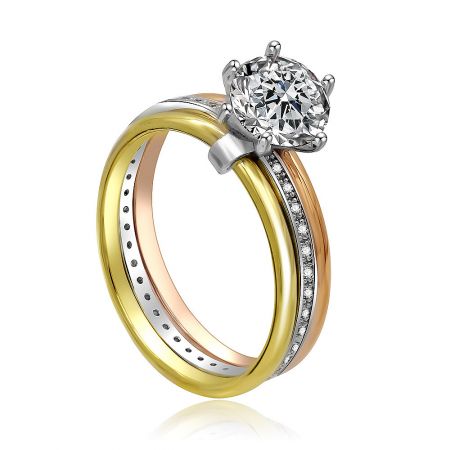 Side view of the Three Tone CZ Solitaire Ring showcasing the intricate multi-colored band design.