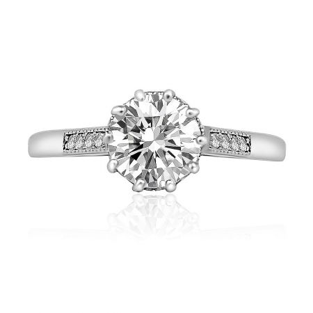 10 Prong Round Cut Ring with Single Row Pave Accents - Front view of the 10 Prong Round Cut Ring, showcasing the prominent round-cut cubic zirconia and the single row of pave accents on the rhodium-plated band.