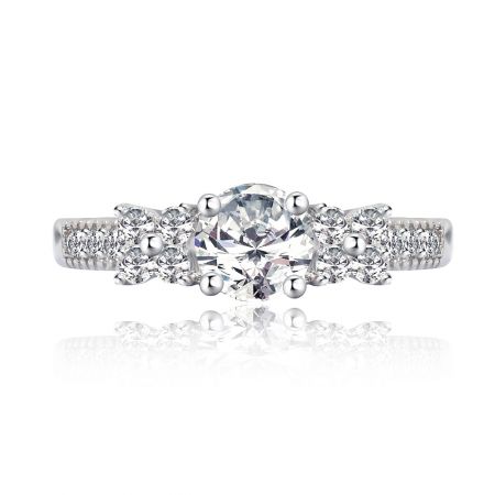 Dreamy Bridal Ring - Front view of the Dreamy Bridal Ring, showcasing three princess-cut cubic zirconia stones on a rhodium-plated band with milgrain details.