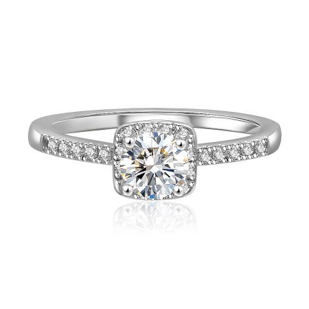 Elegance Square CZ Tower Ring - Front view of the Elegance Square CZ Tower Ring, showcasing its central square-set cubic zirconia surrounded by smaller stones on a rhodium-plated brass band.