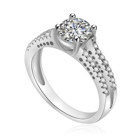 Side profile of the Princess Cut Split Shank Engagement Ring, showing the elegant curve of the rhodium-plated band.