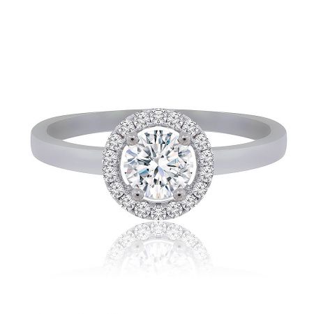 White CZ Halo Engagement Ring - A stunning white cubic zirconia halo engagement ring with a rhodium-plated finish, featuring a large central stone surrounded by smaller sparkling stones on a sleek brass band.