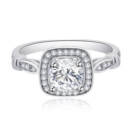 Cushion Cut Halo with Pave Band Ring - Front view of the Cushion Cut Halo with Pave Band Ring, showcasing the central square-cut cubic zirconia stone and surrounding halo on a rhodium-plated band.