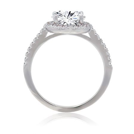 Angled view of the Unique Forever Engaged Ring, displaying the brilliance of the central halo and the elegant design of the band.