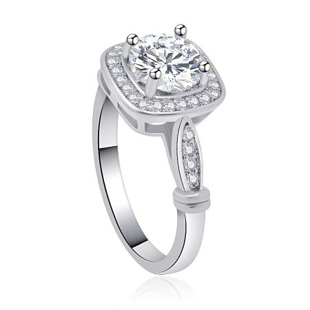 Detailed side view of the Cushion Cut Halo Ring, highlighting the intricate pave setting along the band.