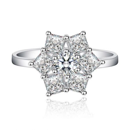 Six Star Cubic Zirconia Spinning Ring - Front view of the Six Star Cubic Zirconia Spinning Ring, showcasing the seven-stone star cluster and polished rhodium-plated band.