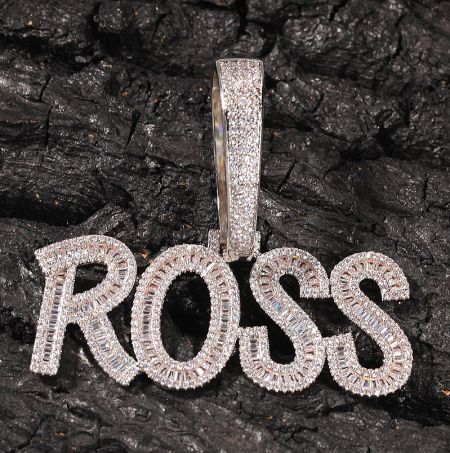 Custom diamond-encrusted 'ROSS' name pendant in a stylish font.