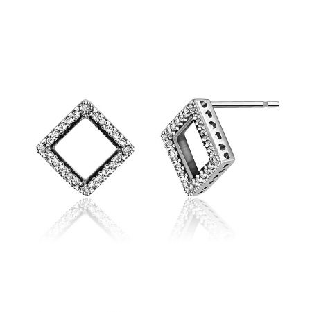 Close-up detail of the sterling silver stud earrings, highlighting the brilliant cubic zirconia stones.