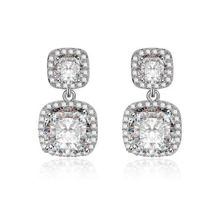 Cushion Cut Bridal Drop Earring - A pair of Cushion Cut Bridal Drop Earrings with a two-part design, featuring square-shaped cubic zirconia stones in elegant halo settings against a white background.