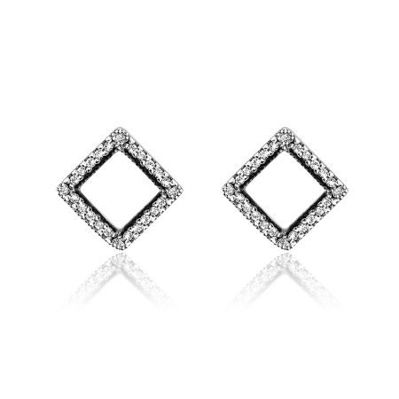Square 925 Silver Zirconia Stud Earrings - A pair of square 925 sterling silver stud earrings featuring a sparkling cubic zirconia stone at the center, surrounded by a frame of smaller stones.
