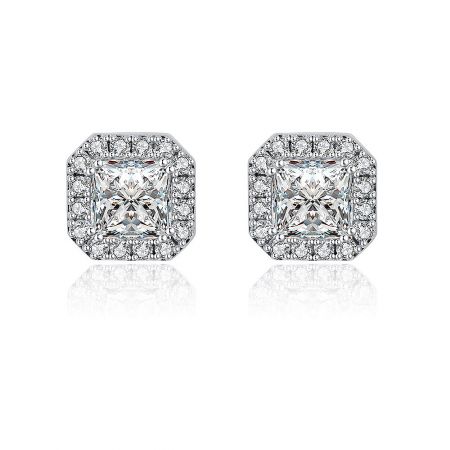 Mini Zirconia Cushion Stud Earrings - A pair of Mini Zirconia Cushion Stud Earrings featuring square-cut center stones with a halo design, crafted in rhodium-plated brass.
