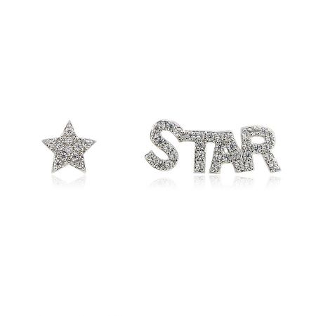 Solitaire Stud And Script 'Star' Posts with CZ Stones - A pair of asymmetrical Solitaire Stud and Script 'Star' earrings with sparkling cubic zirconia stones, displayed on a clean white surface.