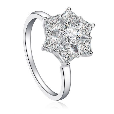 Angled view of the Six Star Cubic Zirconia Spinning Ring, highlighting its unique star-shaped design and brilliant stones.