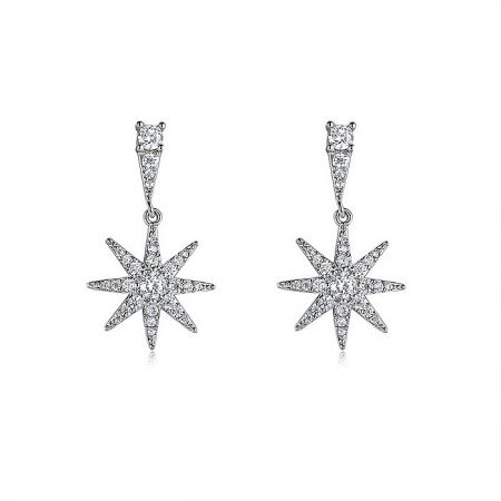 Tiny Starburst Drop Earrings - A pair of Tiny Starburst Drop Earrings with sparkling cubic zirconia, rhodium-plated finish on a white background.
