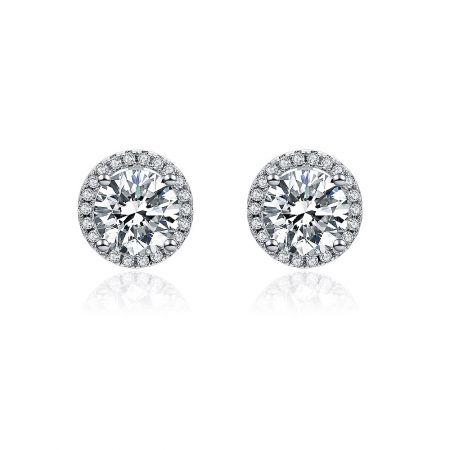 CZ Solitaire Stud Earring - CZ Solitaire Stud Earring with a brilliant round cut cubic zirconia in a halo setting, rhodium-plated finish.