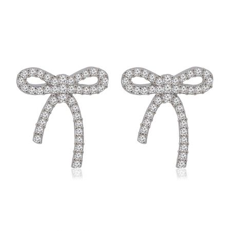 Sweet Bow Tie Stud Earrings with Cubic Zirconia Crowns - A detailed close-up of the Sweet Bow Tie Stud Earrings, showcasing the intricate bow design and sparkling cubic zirconia stones on a rhodium-plated brass base.