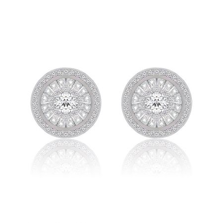 Orecchini a perno in zirconia cubica trasparente. - Vista frontale degli orecchini a perno in zirconia cubica trasparente, che mette in mostra la pietra centrale, i dettagli milgrain e il design circolare a più strati in argento sterling 925.