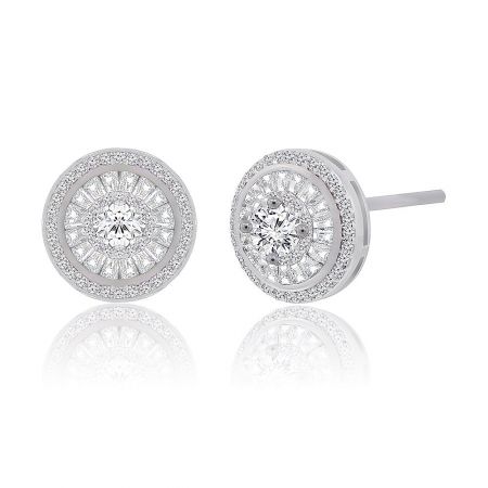 Angled close-up of the sterling silver stud earrings, highlighting the brilliant central round cut and surrounding halo of baguette-cut cubic zirconia.