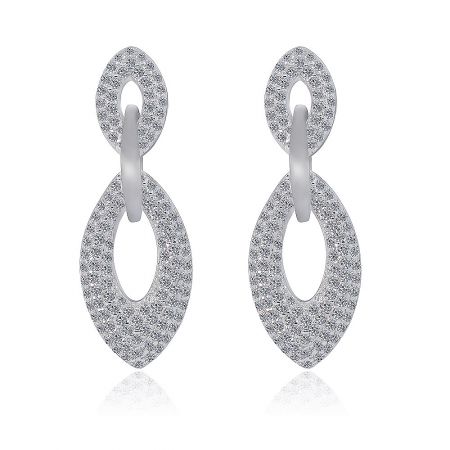 Tri Link Drop Pave CZ Earring - Front view of the Tri Link Drop Pave CZ Earring, showcasing its interlocking double oval design with sparkling cubic zirconia stones on a rhodium-plated finish.