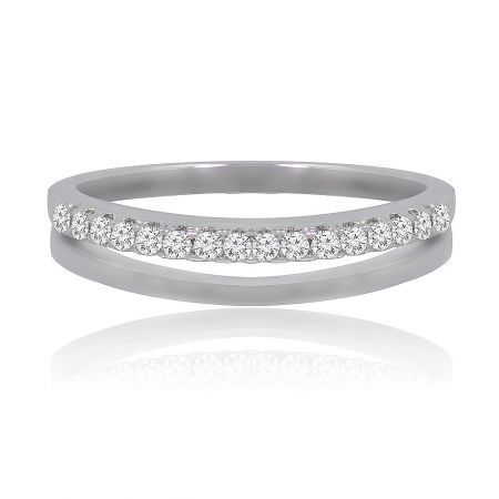 Open Circle Wedding Band - Front view of the Open Circle Wedding Band, a rhodium-plated brass ring featuring a channel-set design with sparkling cubic zirconia stones.