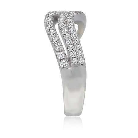 Detailed shot of the diamond-studded silver ring, showing the intricate intertwined design.