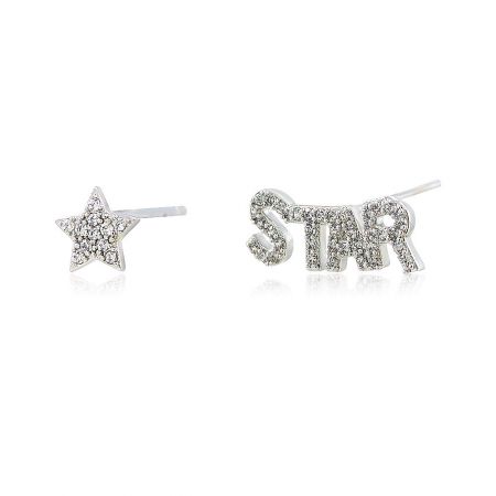 Detailed close-up of the rhodium-plated 'STAR' script and star-shaped stud earrings, highlighting the pave-set CZ stones.