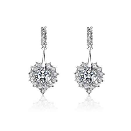 Dangle Sweetheart Stud Earring - A close-up of the Dangle Sweetheart Stud Earring, showcasing its elegant teardrop design with a large central cubic zirconia stone surrounded by a halo of smaller sparkling gems, all set in rhodium-plated brass.