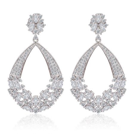 Elegant Teardrop Chandeliers - Elegant teardrop chandelier earrings in rhodium-plated brass with a floral pattern of brilliant white cubic zirconia stones.