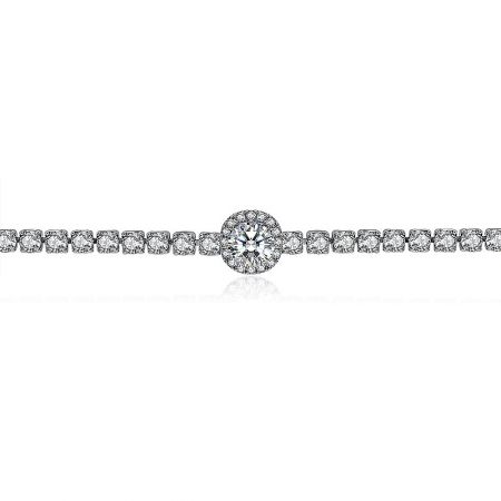 Detailed view of the Round 2MM CZ Silver Tennis Bracelet highlighting the central haloed cubic zirconia stone.