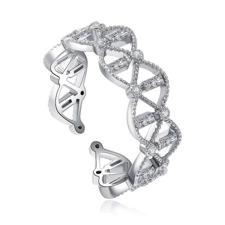 An angled view of the Victoria Alternating Ring, displaying its DNA-inspired helix design with shimmering gemstones.