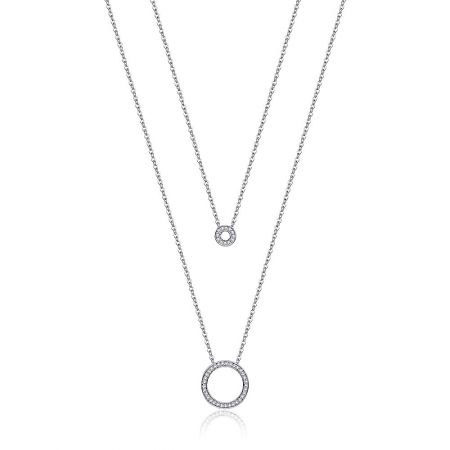 Pave Circle Double Layer Necklace - Elegant Pave Circle Double Layer Necklace in rhodium-plated brass, showcasing two circular pendants adorned with sparkling white cubic zirconia stones.