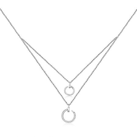 Wholesale Layered Necklace Circle Pendant in Rhodium - A stylish double-layered rhodium-plated necklace featuring two circular pendants, one polished and one encrusted with sparkling cubic zirconia stones.