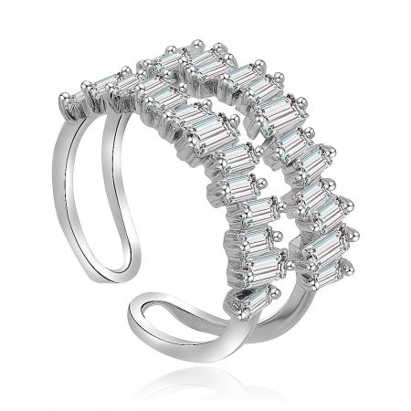 Uneven Baguette Cut Morganite Ring - A detailed view of the Uneven Baguette Cut Morganite Ring, highlighting its rhodium-plated brass band and two bars of prong-set, baguette-cut cubic zirconia.