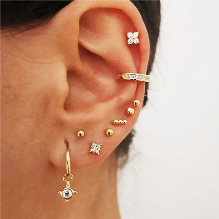 Showcase of multiple ear piercings featuring the star stud earrings.