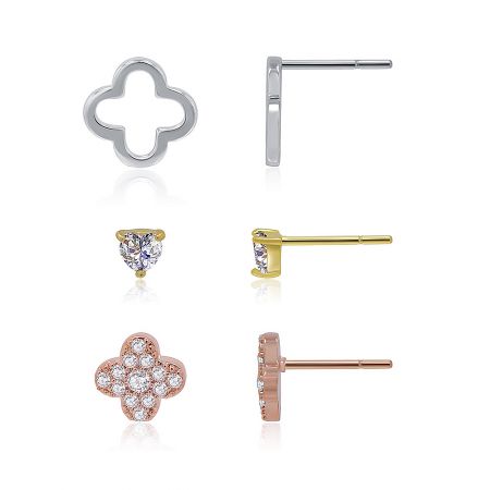 A detailed shot of the three pairs of floral CZ stud earrings, highlighting the rhodium, gold, and rose gold finishes.