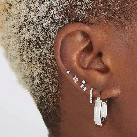 A detailed product shot showcasing various silver and diamond-encrusted earrings.