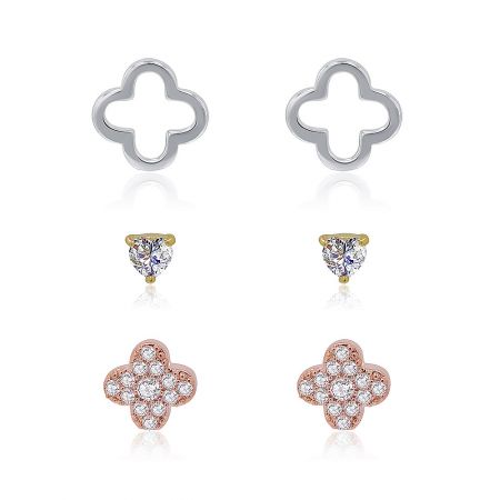 Simple Floral CZ Stud Earrings Set Of 3 - A set of three simple floral cubic zirconia stud earrings in rhodium, gold, and rose gold finishes, displayed on a white background.
