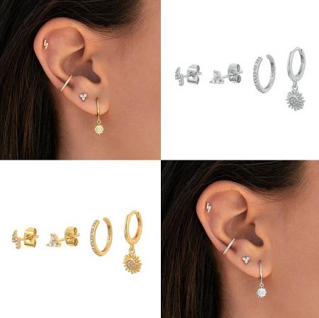 A versatile set of huggie hoop earrings available in both gold and silver finishes, showcasing various designs.