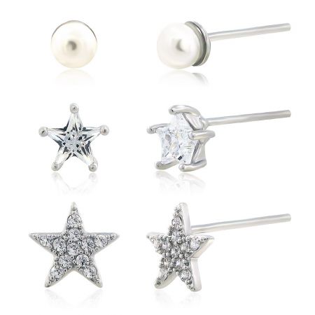 A collection of three stud earrings: pearl, and two star designs with clear gemstones, showcasing customization options.