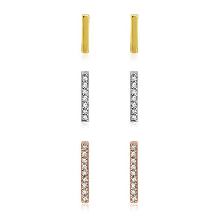 Three Tone Bar Stud Earring Set - A set of three-tone bar stud earrings in rhodium, gold, and rose gold plating, each adorned with sparkling cubic zirconia.