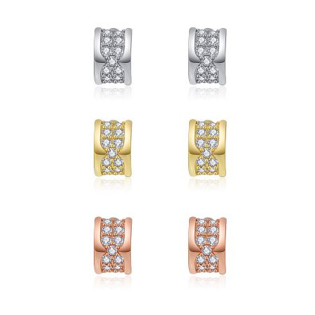 Mini Curved Pave Earring Set - Mini Curved Pave Earring Set displaying three pairs of stud earrings in silver, gold, and rose gold finishes, each adorned with cubic zirconia.