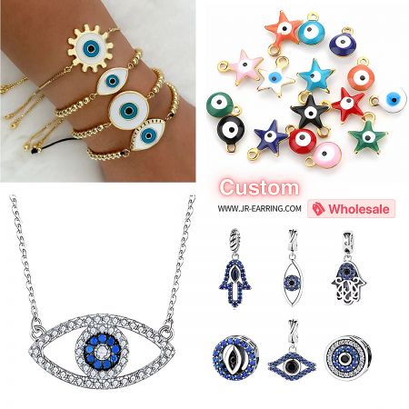 Examples of finished jewelry pieces, including bracelets and necklaces, incorporating the wholesale evil eye charms.