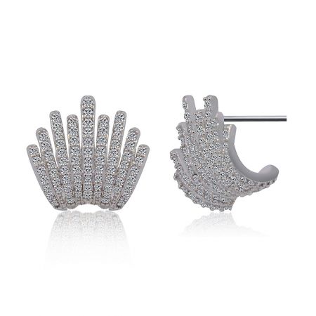 Detailed close-up of the fan-shaped silver earrings with post-back closure.